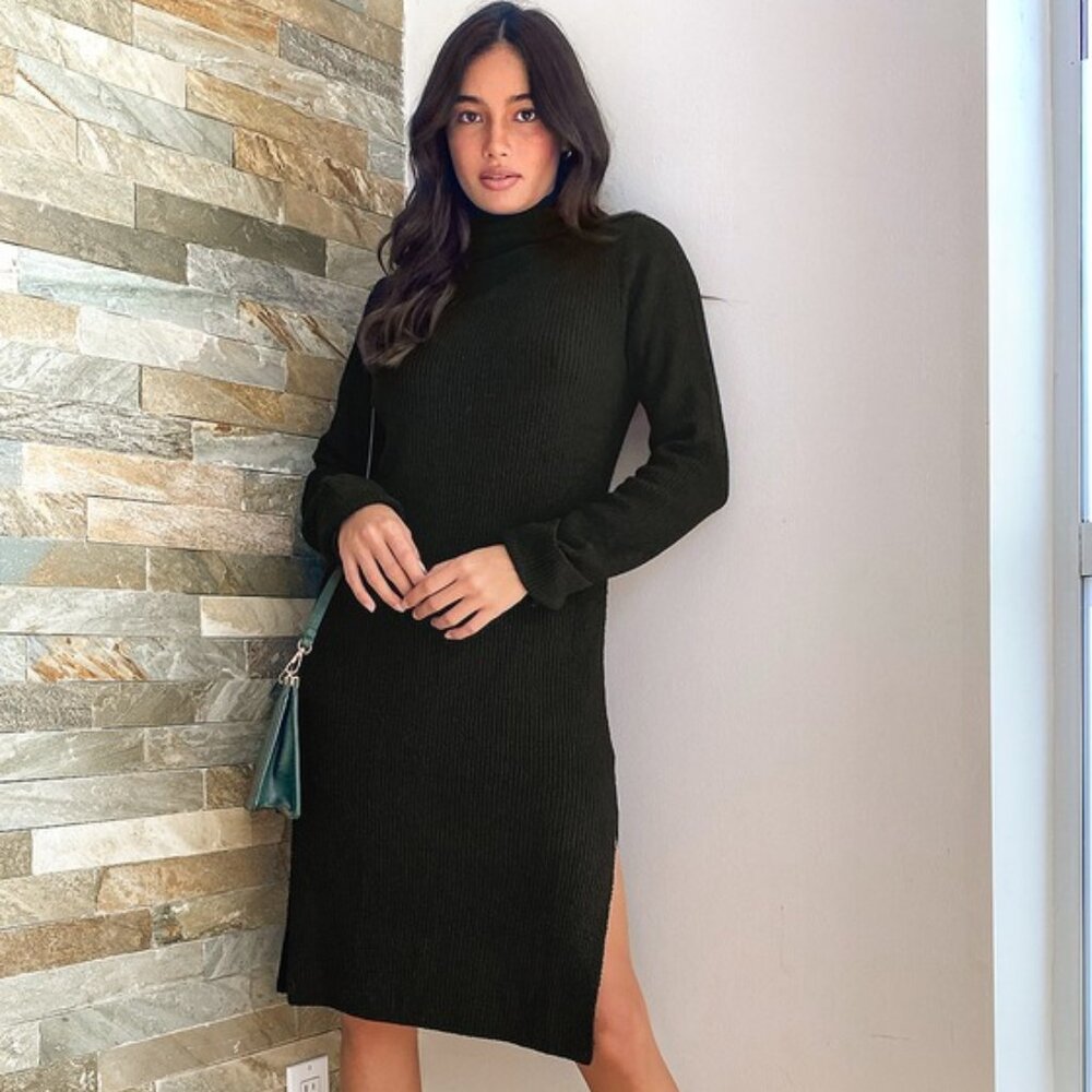 Lulus Snuggled Up Black Knit Turtleneck Midi Sweater Dress - Size S
